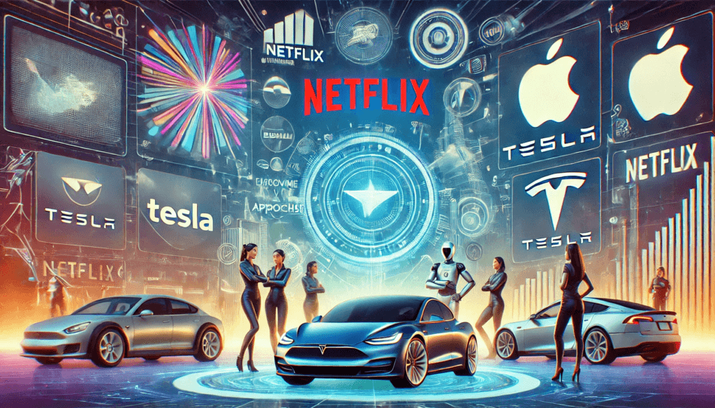 Ilustración de un conjunto diverso de marcas icónicas mostrando sus propuestas de valor. La escena incluye representaciones digitales de Netflix, Tesla y Apple con sus respectivos eslóganes, destacando sus enfoques únicos en un paisaje digital futurista con logotipos y visuales impactantes.
