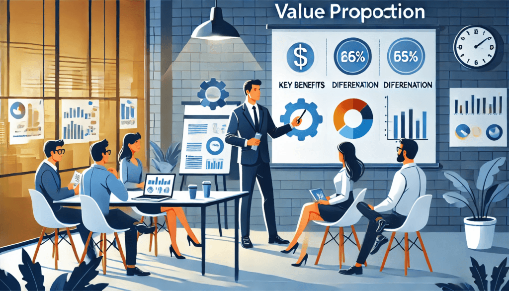 Ilustración de un profesional de negocios presentando la importancia de la propuesta de valor a un grupo de emprendedores. La escena muestra gráficos y ayudas visuales que destacan los beneficios clave y la diferenciación del producto o servicio.