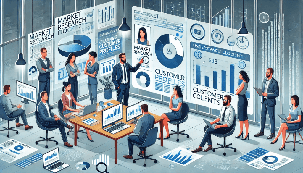 Ilustración de un equipo utilizando diversas herramientas para identificar el valor único de su producto o servicio. La escena muestra a personas trabajando con herramientas digitales como Google Analytics, realizando escucha social y analizando mapas de calor, en una oficina con tecnología avanzada.