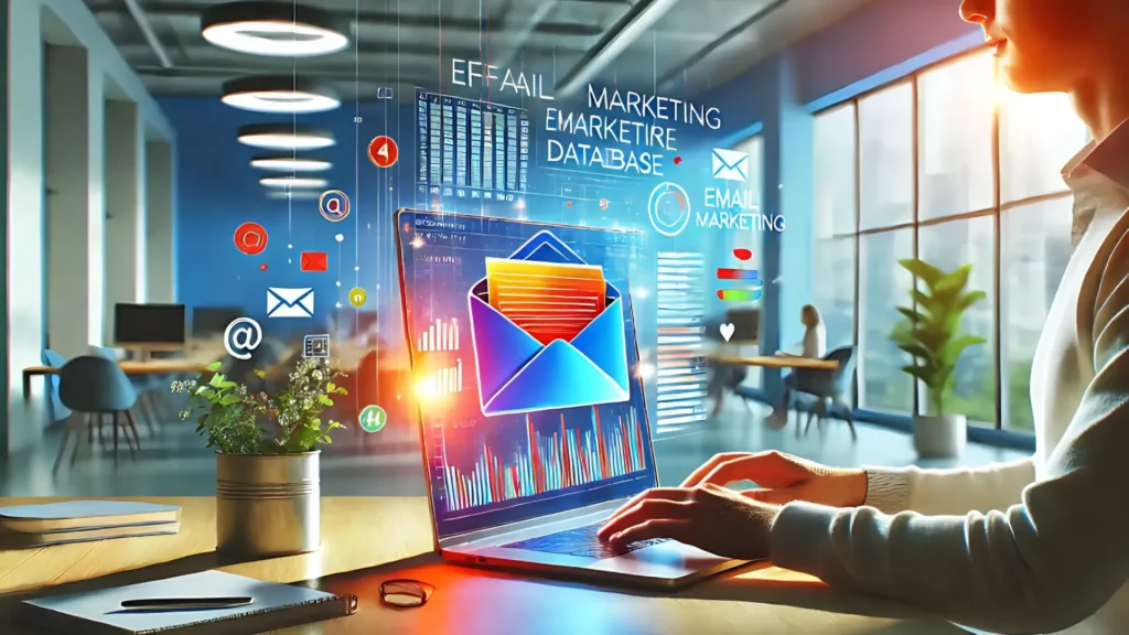 Un profesional sentado en una oficina moderna, ingresando datos en una laptop. La imagen muestra el proceso de gestión y optimización de la base de datos de contactos, en un ambiente ordenado y minimalista.