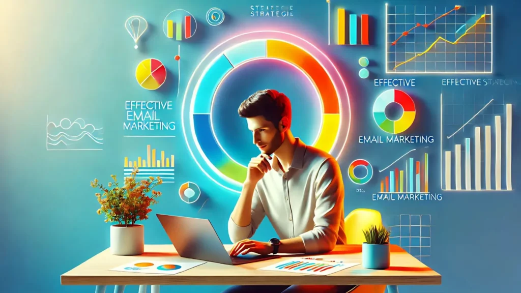 Un profesional sentado frente a su laptop, haciendo anotaciones y planificando estrategias para mejorar las campañas de email marketing.