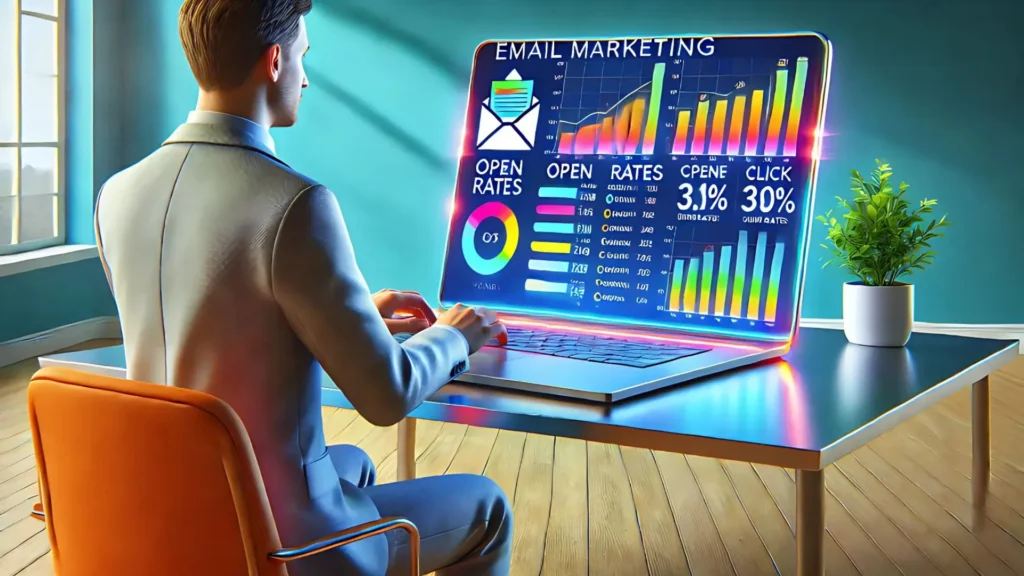 Un profesional sentado frente a su laptop, analizando gráficos y métricas relacionadas con campañas de email.