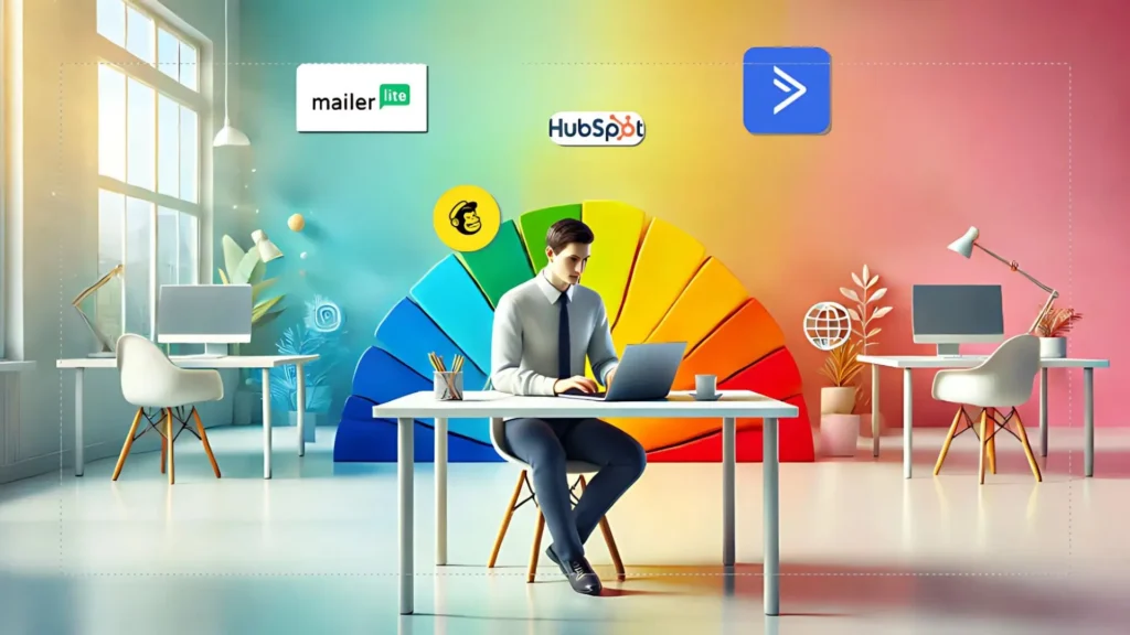 Una fotografía horizontal de un profesional comparando distintas plataformas de email marketing en una laptop: Mailchimp, Mailerlite, Hubspot y Sendinblue.