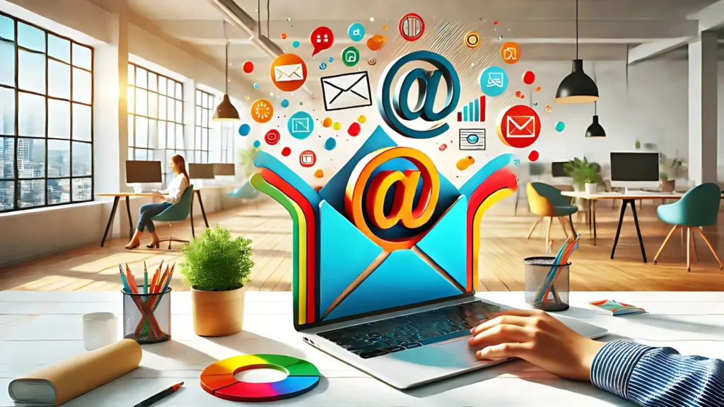 Una fotografía horizontal mostrando a un profesional trabajando en una laptop en una oficina moderna y minimalista, con un enfoque en la pantalla que muestra un icono de correo electrónico.